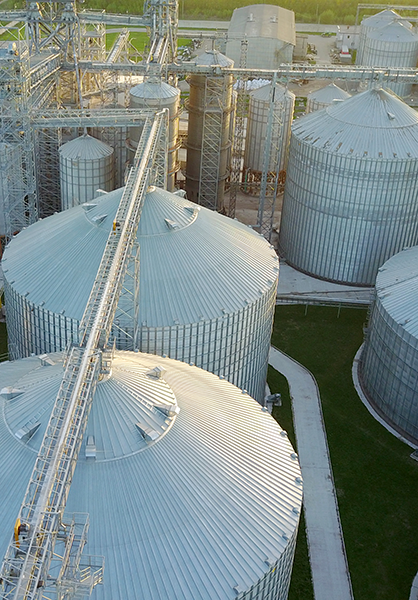 close up shot of birds eye view of agriculture plant and storage facilities