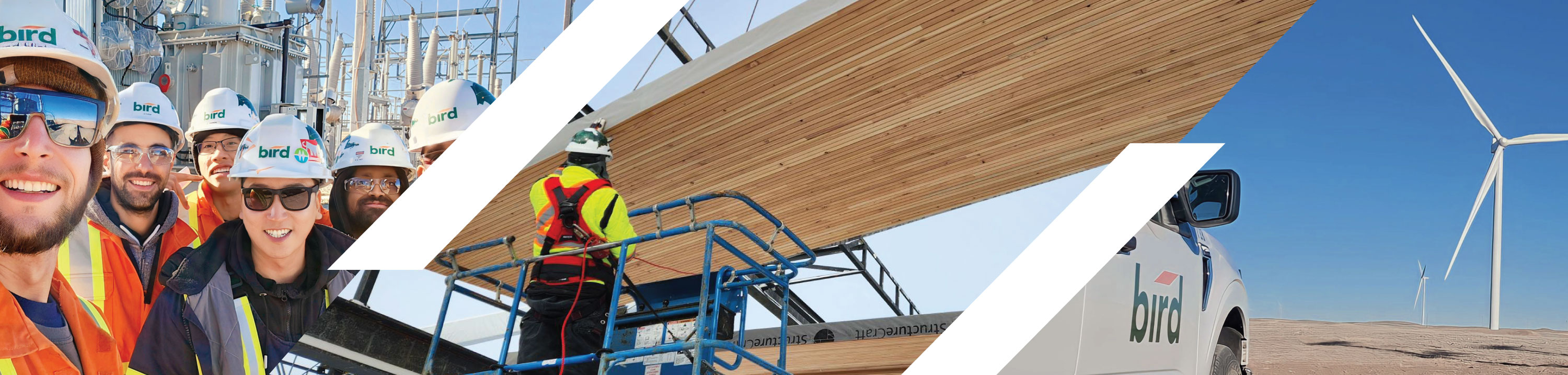 3 sustainability header images with dividers. Onsite smiling workers, mass timber install, and wind turbine.